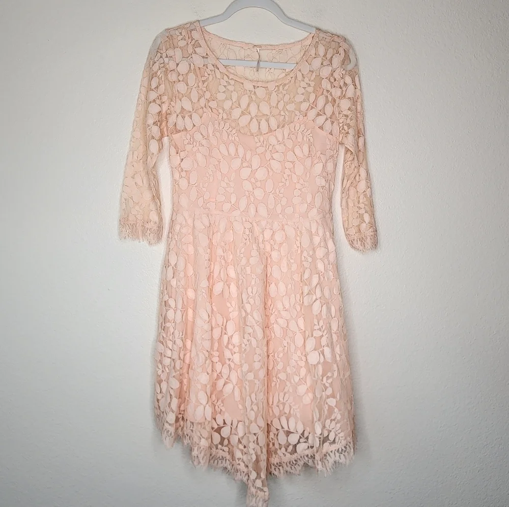 Free People Pink Sand Lace 3/4 Sleeves Dress 6